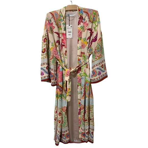 Zara | Kimono Floral Print Long Belted Side Slits Pink NWT Blogger Favorite- XS - Picture 1 of 12